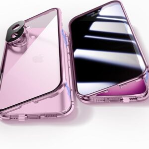 360 Degree Protection Case, Privacy Tempered Glass Anti-Spy Cover, Strong Magnetic Adsorption Metal Frame (Pink)